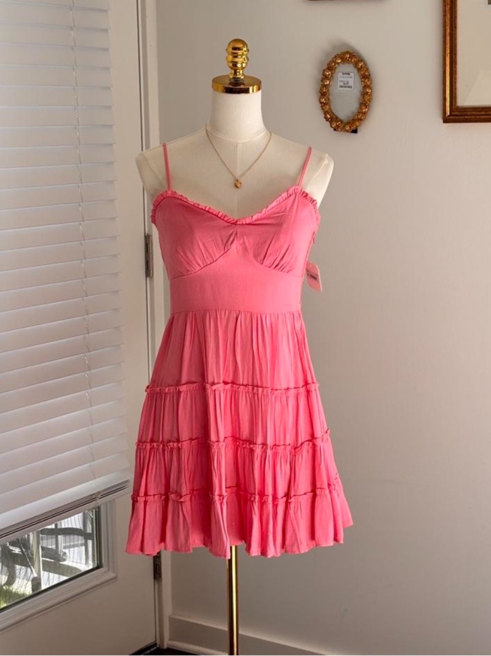 NWT Altar’d Stage pink ruffle tiered mini dress with a lace up corset back